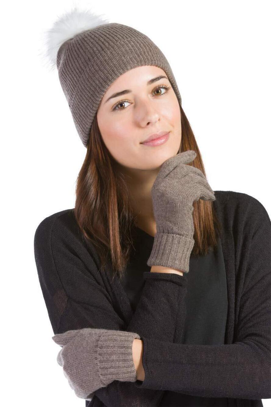 2907 Cashmere Winter Beanie Hat and Glove Set; Gift Box Cappuccino